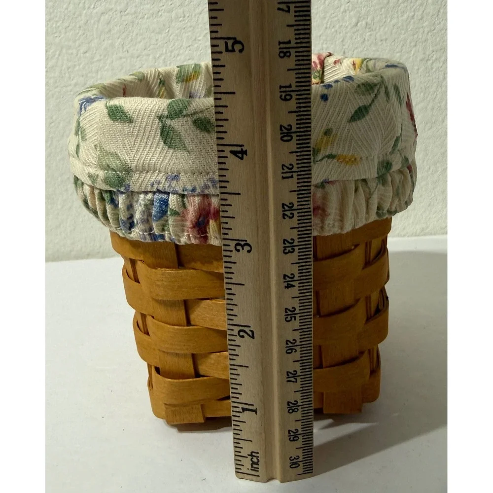 Longaberger 2003 Small Handmade Basket with Floral Fabric Liner Brown Woven Wood